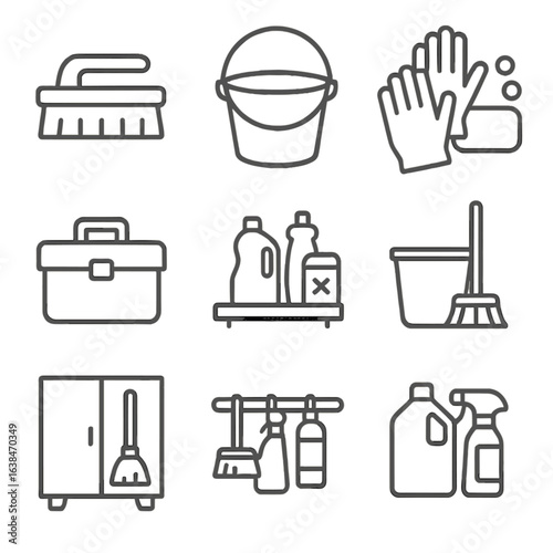 Cleaning Tools Icons. Outline style icons of Cleaning Icon Packs: labeled brush icon, labeled bucket icon, grouped gloves and soap