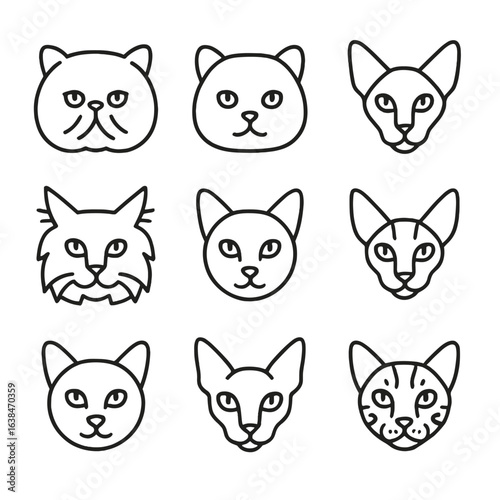 Minimalist Cat Head Icons. Outline style icons of Minimalist Cat Heads: outline-only Persian, flat British Shorthair, thin-line