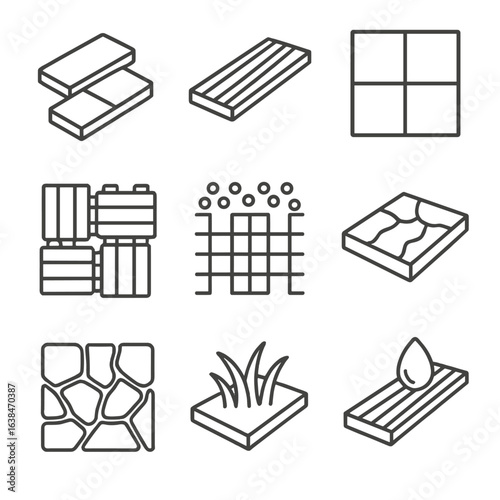 Outdoor Flooring Icons. Outline style icons of Outdoor Flooring Types: patio paver stone, composite decking plank, outdoor tile