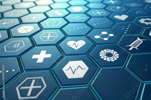 Digital healthcare icons arranged in a hexagonal grid pattern medical technology