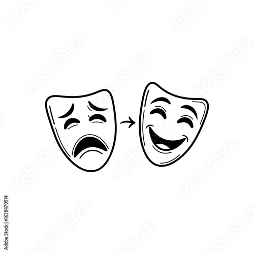 Two theatrical masks one sad and one happy with an arrow pointing from sad to happy on a white background