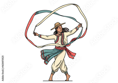A woman gracefully dances with ribbons in traditional attire. Vibrant colors and a dynamic pose create a visually striking image, perfect for diverse commercial applications.
