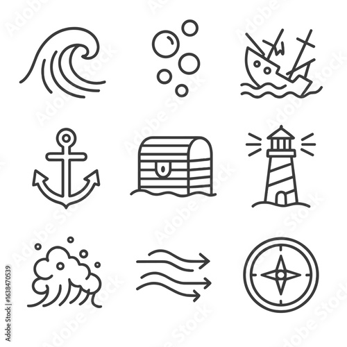 Ocean Elements Icons. Outline style icons of Ocean Elements: wave, underwater bubbles, sunken ship, anchor, treasure chest,
