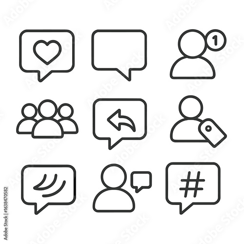 Social Media Icons. Outline style icons of Social Media Interaction: like bubble, comment icon, share symbol, follower