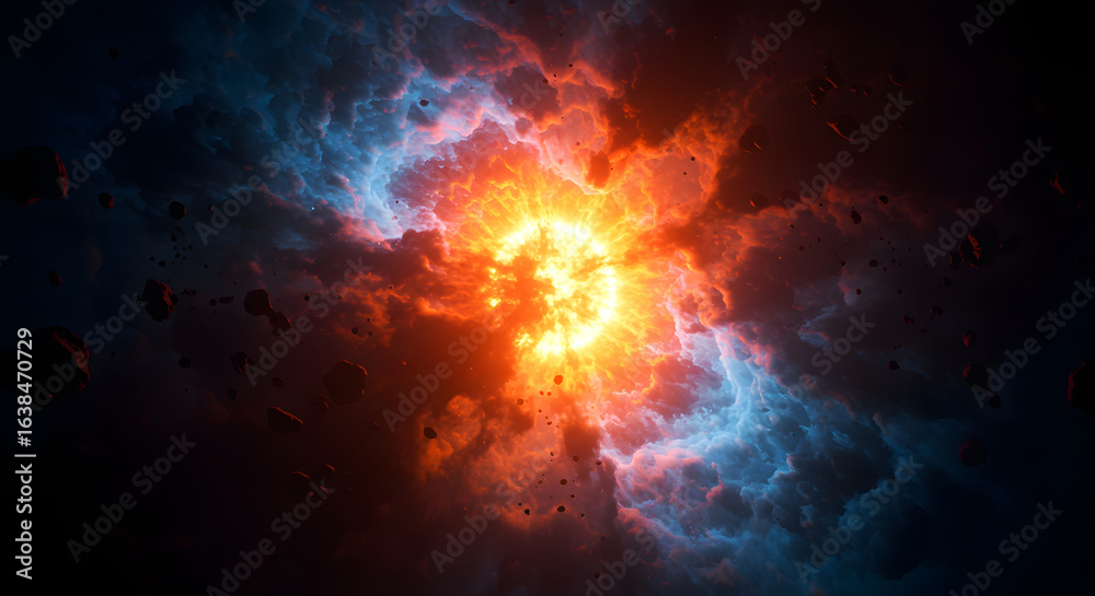 Fiery Cosmic Explosion: Dramatic Nebula with Asteroid Field, Intense Energy, Sci-Fi Fantasy Art Fiery Cosmic Explosion: Dramatic Nebula with Asteroid Field, Intense Energy, Sci-Fi Fantasy Art