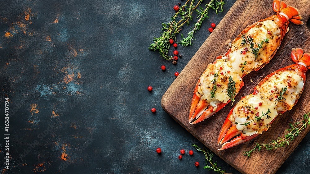 Fototapeta premium Delicious Lobster Tails Topped with Cheese and Herbs on Wooden Board