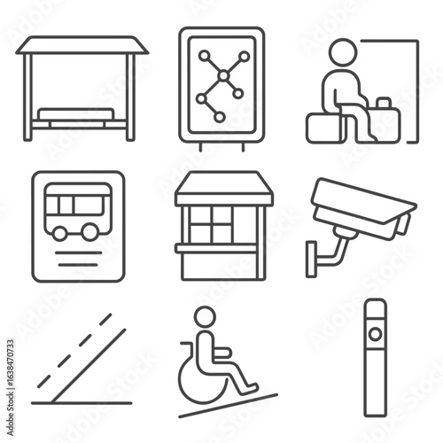 Bus Station Icons. Outline style icons of Bus Station Elements: open bus shelter, route map panel, waiting passenger with bag,