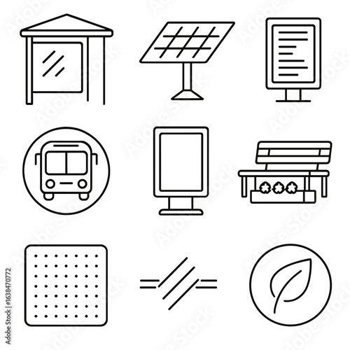Urban Stop Iconography. Outline style icons of Urban Stop Design Features: glass shelter frame, solar panel shelter roof, digital