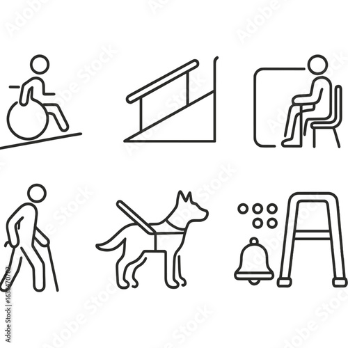 Accessibility Icons. Outline style icons of Elderly and Accessibility Features: wheelchair access path, ramp with rails, priority