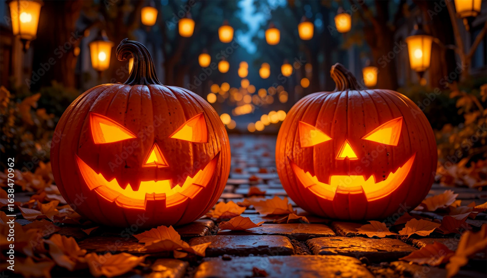 Fototapeta premium Spooky Halloween night with glowing jack-o'-lanterns and festive lanterns illuminating a cobblestone path