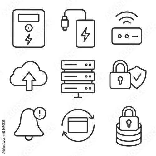 ICU Data Icons. Outline style icons of ICU Energy and Data Backup: UPS icon, external battery pack, wireless sync module, cloud