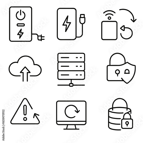ICU Data Icons. Outline style icons of ICU Energy and Data Backup: UPS icon, external battery pack, wireless sync module, cloud