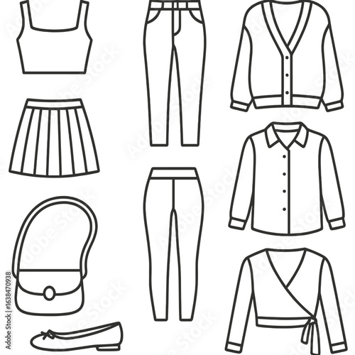Women's Fashion Icons. Outline style icons of Women’s Casual Fashion: crop top, high-waist jeans, oversized cardigan, pleated