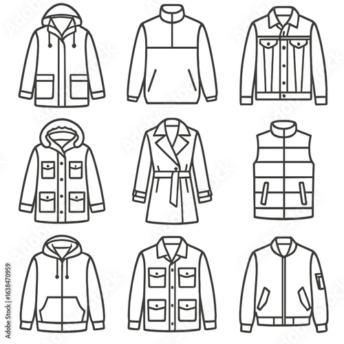 Casual Outwear Icons. Outline style icons of Casual Outwear: rain jacket, windbreaker, denim jacket, parka, lightweight trench,