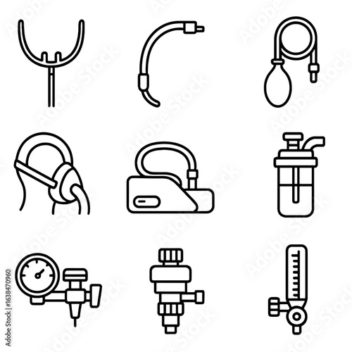 ICU Respiratory Tool Icons. Outline style icons of ICU Respiratory Tools: nasal cannula, endotracheal tube, oxygen reservoir bag,
