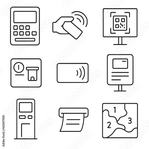 Ticketing Features Icons. Outline style icons of Ticketing Features at Stops: ticket machine panel, card tap icon, QR scan board,