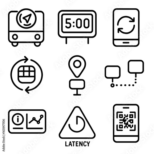 Transit Info Icons. Outline style icons of Real-Time Transit Info: GPS icon on board, arrival countdown, mobile app sync icon,