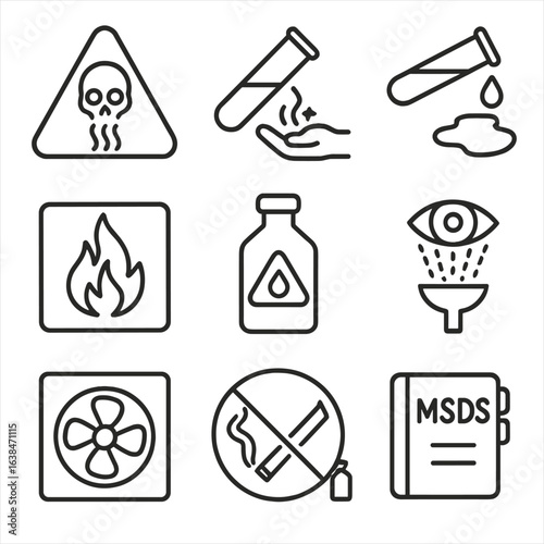 Chemical Safety Icons. Outline style icons of Chemical Safety Warnings: toxic fumes triangle, chemical burn symbol, test tube