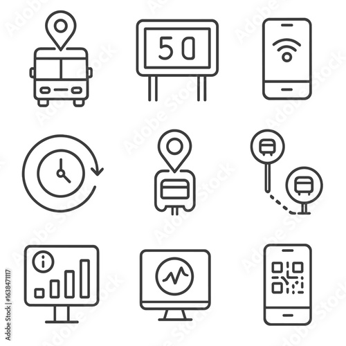 Transit Info Icons. Outline style icons of Real-Time Transit Info: GPS icon on board, arrival countdown, mobile app sync icon,