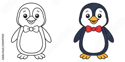 Coloring book of smiling penguin wearing a bowtie on a white background outline vector