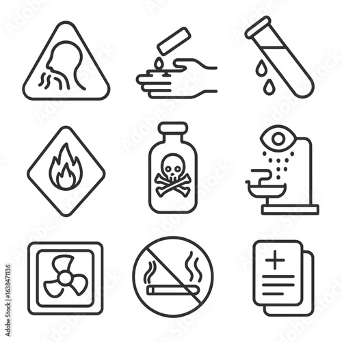 Chemical Safety Icons. Outline style icons of Chemical Safety Warnings: toxic fumes triangle, chemical burn symbol, test tube