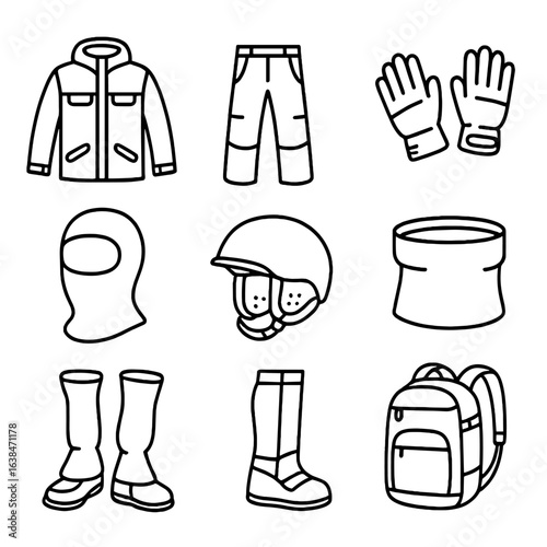 Ski Gear Icons. Outline style icons of Ski and Snowboard Gear: ski jacket, snowboard pants, thermal goggles, ski gloves, balaclava