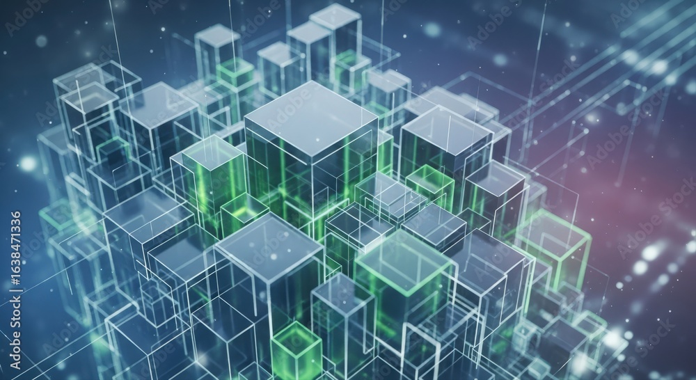 An abstract digital cube with glowing neon features, showcasing technology and data. The 3D rendered image has a futuristic, technological vibe with many cubes An abstract digital cube with glowing neon features, showcasing technology and data. The 3D rendered image has a futuristic, technological vibe with many cubes
