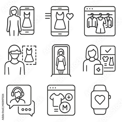 Fashion Tech Icons. Outline style icons of Fashion Tech: virtual fitting icon, fashion app, online wardrobe, AR try-on, smart
