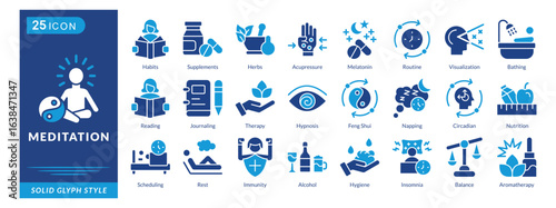 meditation icon set collection in solid glyph style. an icon pack contain habits, supplements, herbs, acupressure, melatonin, routine, visualization, bathing, reading, journaling