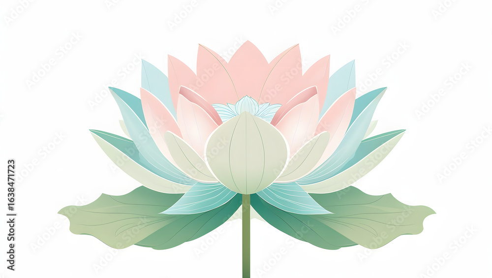 Fototapeta premium Symmetrical Lotus Flower Clipart in Soft Pastel Shades – Elegant Vector Illustration on White Background for Spiritual, Floral, and Wellness Designs