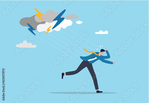 Runaway from crisis, catastrophe misfortune situation, escape from disaster, bankruptcy or danger failure, overworked, anxiety or work stress concept, businessman run away from thunder storm raining.