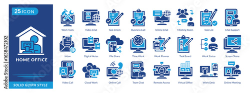 home office icon set collection in solid glyph style. an icon pack contain work tools, video chat, task check, business call, online chat, meeting room, task list, chat support, inbox