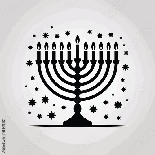 Black silhouette of a menorah with flickering candles and stars