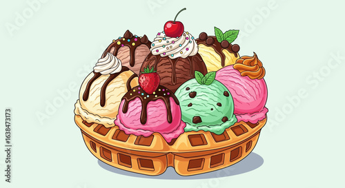Delightful waffle dessert creation with various colorful ice cream flavors