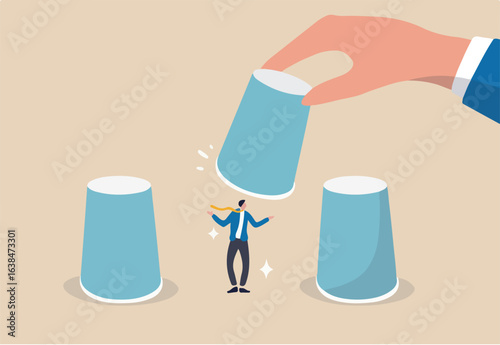HR, Human resources choosing candidate, career choice or hiring manager and employment concept, employer hand lifting up the chosen cup to choose candidate businessman from guess game cups. 