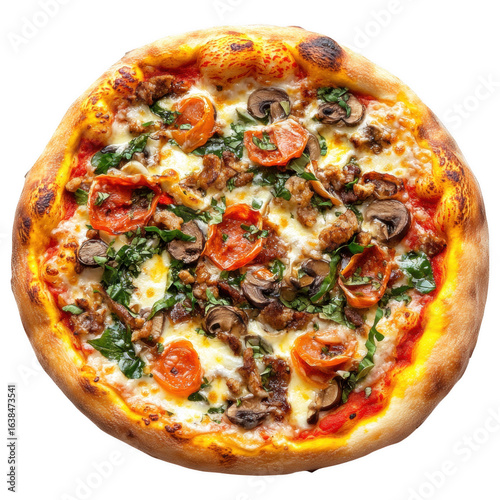Artisan Pizza Feast: An appetizing top-down shot showcasing an oven-baked pizza loaded with flavorful toppings.