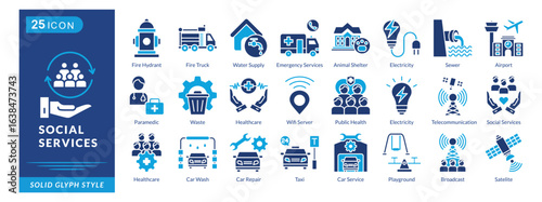 social services icon set collection in solid glyph style. an icon pack contain animal shelter, electricity, sewer, airport, paramedic, waste, healthcare, wifi server, public health