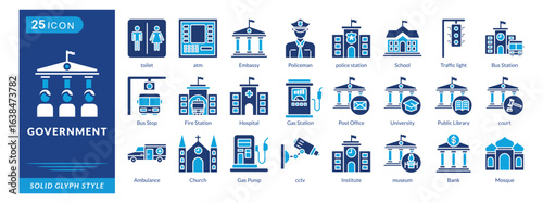government icon set collection in solid glyph style. an icon pack contain toilet, atm, embassy, policeman, police station, school, post office, university, public library, court