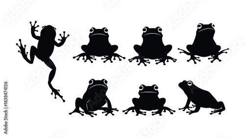 Frogs Silhouette: An artistic portrayal of multiple frogs in silhouette, capturing diverse poses and perspectives. 