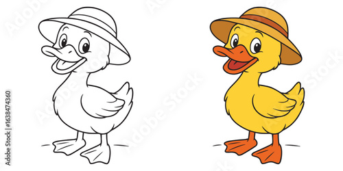 Coloring page of smiling duck wearing a sun hat cartoon outline on a white background