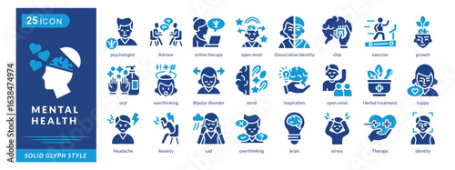 mental health icon set collection in solid glyph style. an icon pack contain herbal treatment, happy, headache, anxiety, sad, brain, stress, therapy, identity, psychologist