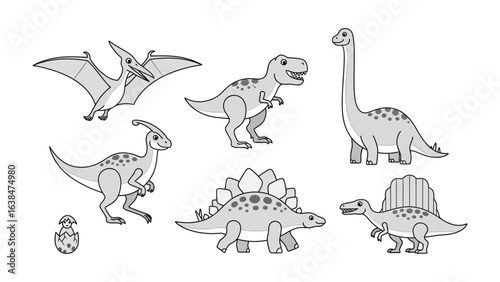 Prehistoric creatures in monochrome: A captivating illustration featuring a group of stylized monochrome dinosaurs. It's perfect for educational purposes or design projects.