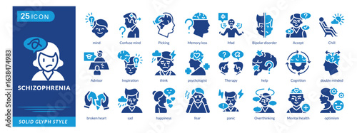schizophrenia icon set collection in solid glyph style. an icon pack contain mind, confuse mind, picking, memory loss, mad, bipolar disorder, accept, chill, advisor, inspiration