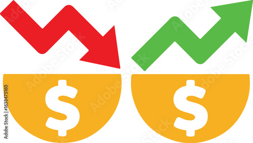 price, rate, profit increase and decrease icon, set of cost symbol dollar, money, coin sign with arrow up and down. transparent vector illustration for app, website, presentation