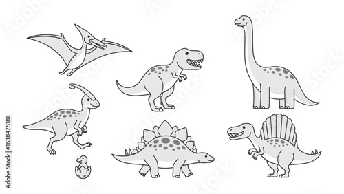 Ancient Wonders: A detailed depiction of diverse prehistoric dinosaurs comes alive through a stylized artistic illustration that brings the past to life.