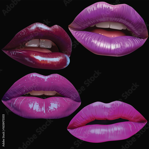 four lilac lips isolated on black background