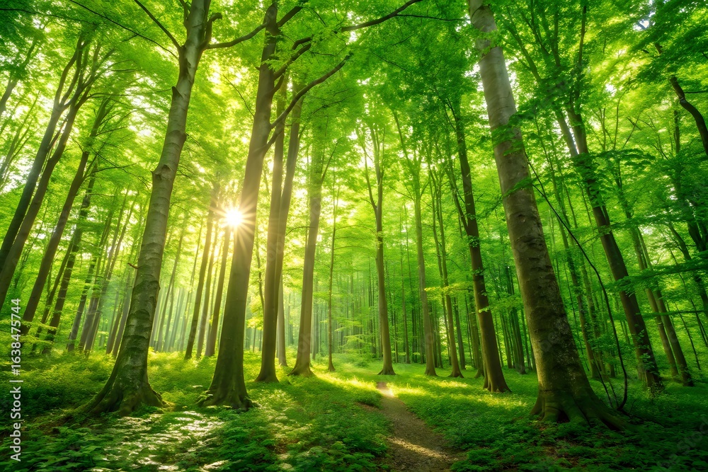 Obraz premium Sun Shining Through Tall Forest Trees nature green