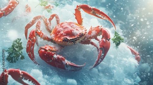 Fresh Red Crab on Ice with Snowy Background and Green Garnish