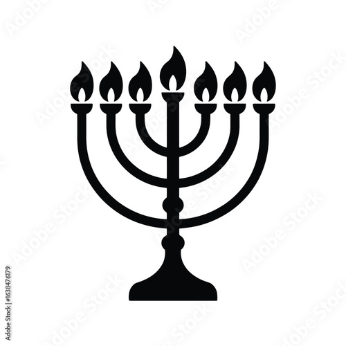 Black silhouette of a seven branched menorah with flames