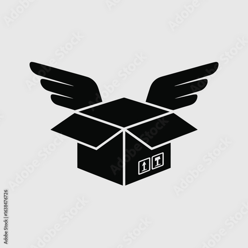 Black silhouette of an open shipping box with wings